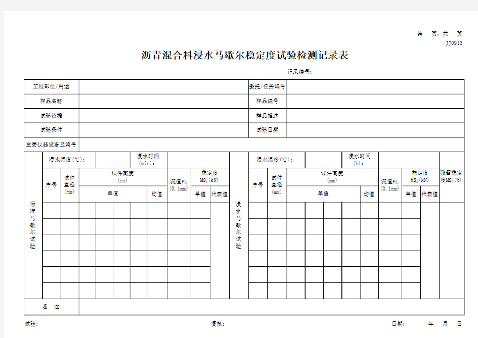 020沥青混合料浸水马歇尔稳定度试验记录表