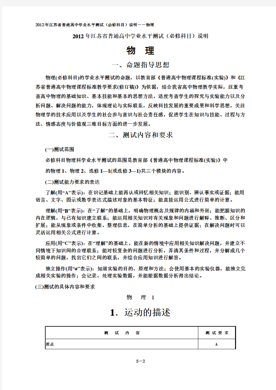 2012年江苏省普通高中学业水平测试(必修科目)说明