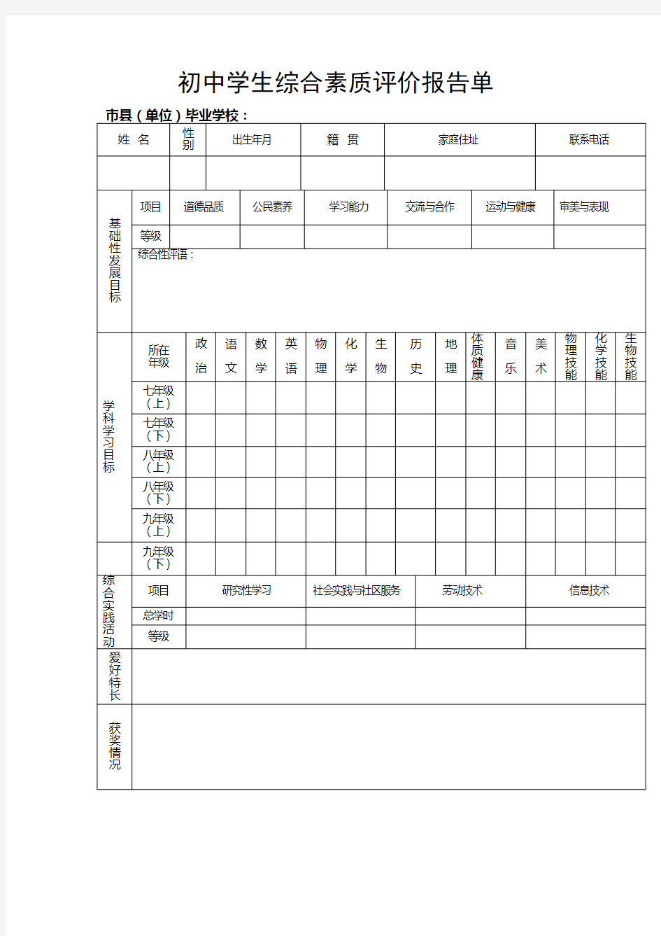 初中学生综合素质评价报告单