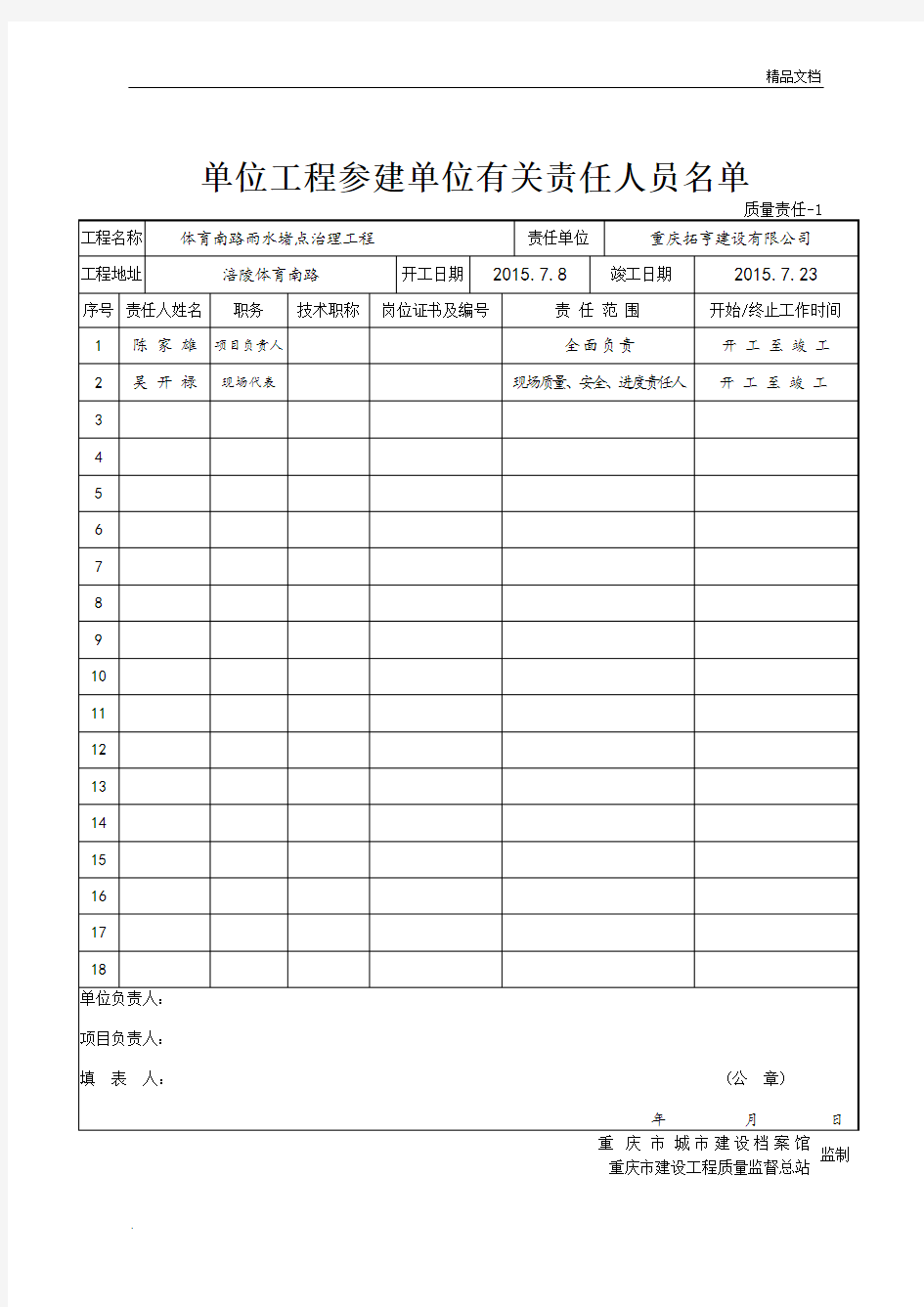 建设单位项目负责人质量责任书