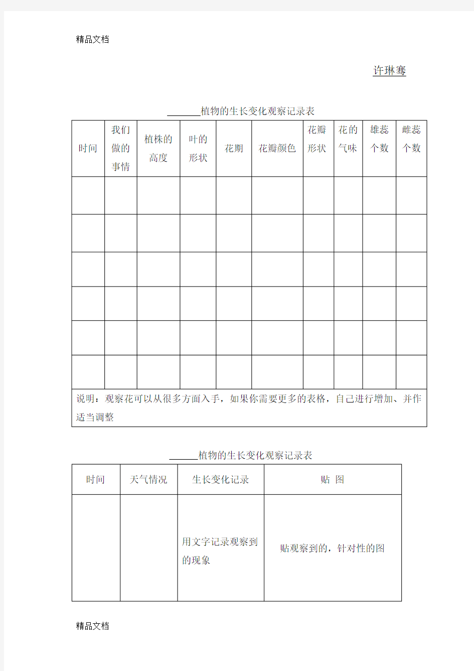 最新植物的生长变化观察记录表资料