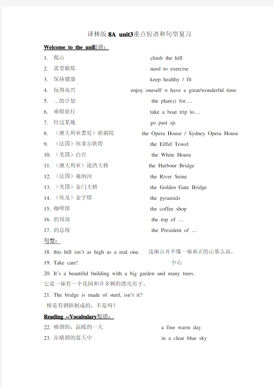 牛津译林版八年级英语上册Unit3Adayout重点短语句型语法复习