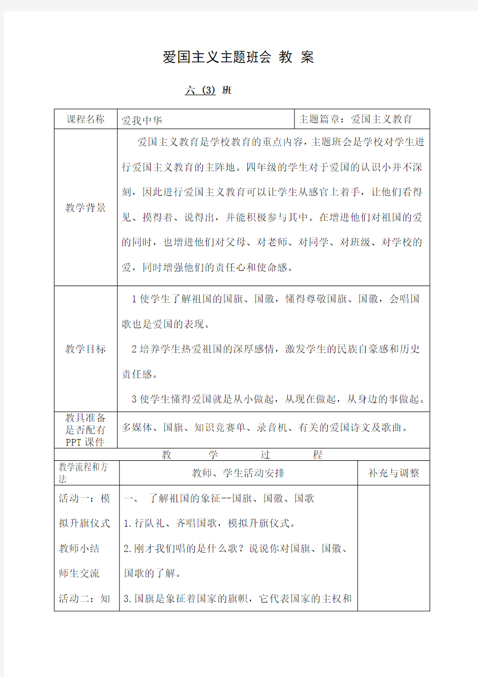 爱国主义教育主题班会教案