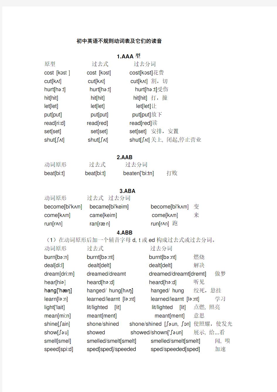 (完整)初中英语不规则动词表及它们的读音