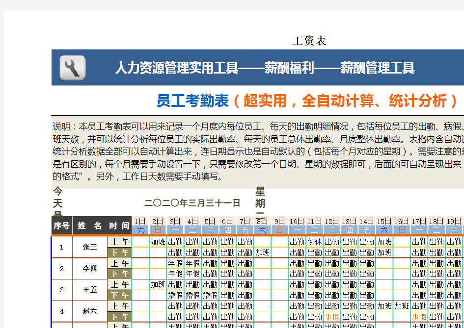 【疫情复工必备表格】员工考勤表格模板(超实用,全自动计算、统计分析