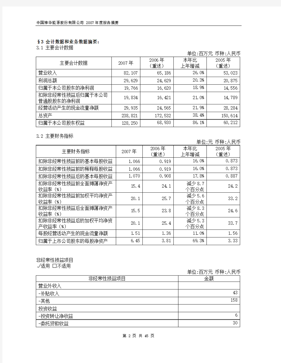 中国神华能源股份有限公司2007年度报告摘要