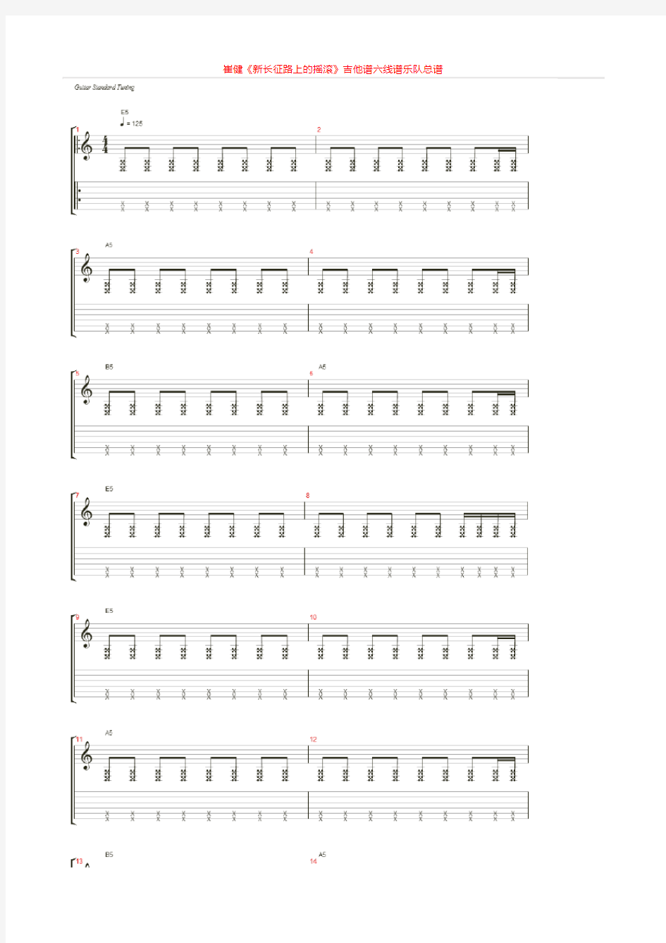 崔健《新长征路上的摇滚》吉他谱六线谱乐队总谱