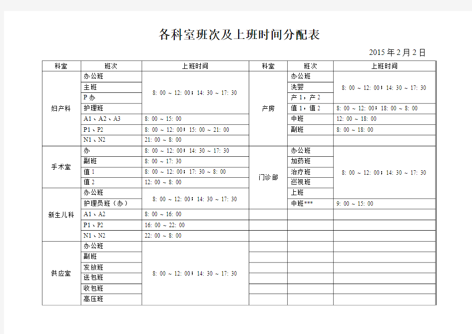 各科室排班表