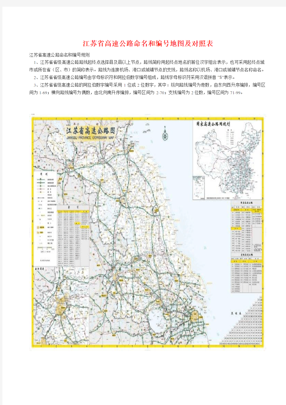 江苏省高速公路命名和编号地图及对照表