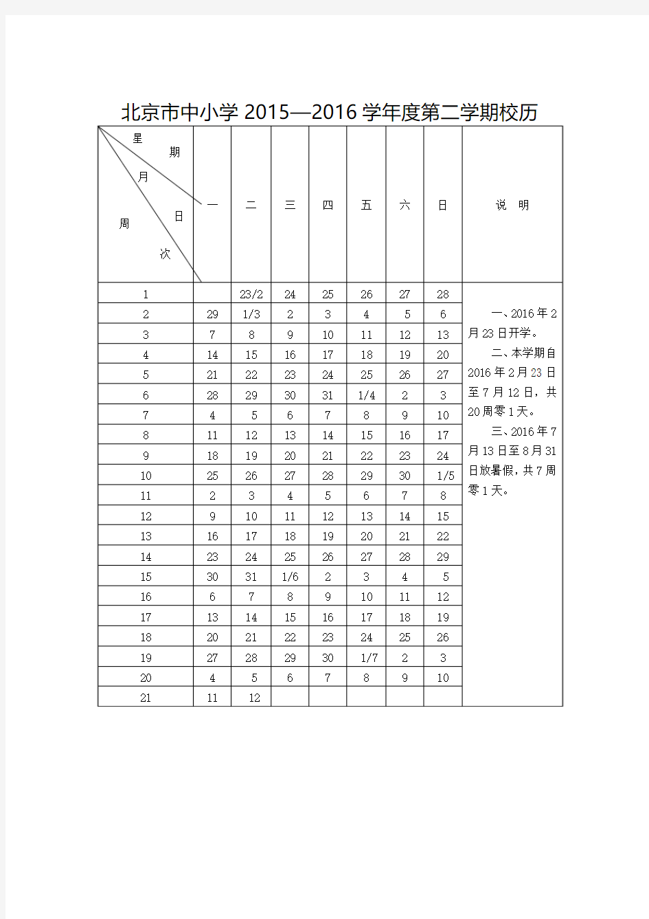 北京市中小学2015—2016学年度第二学期校历