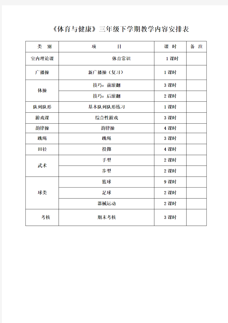 小学三年级下册体育教案