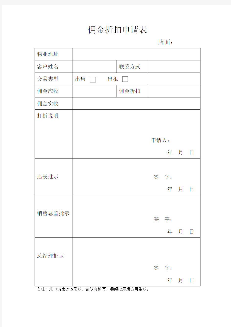 佣金折扣申请表