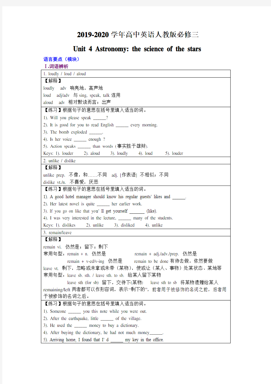 2019-2020年高中英语人教版必修三Unit4单元知识点讲解与练习 无答案