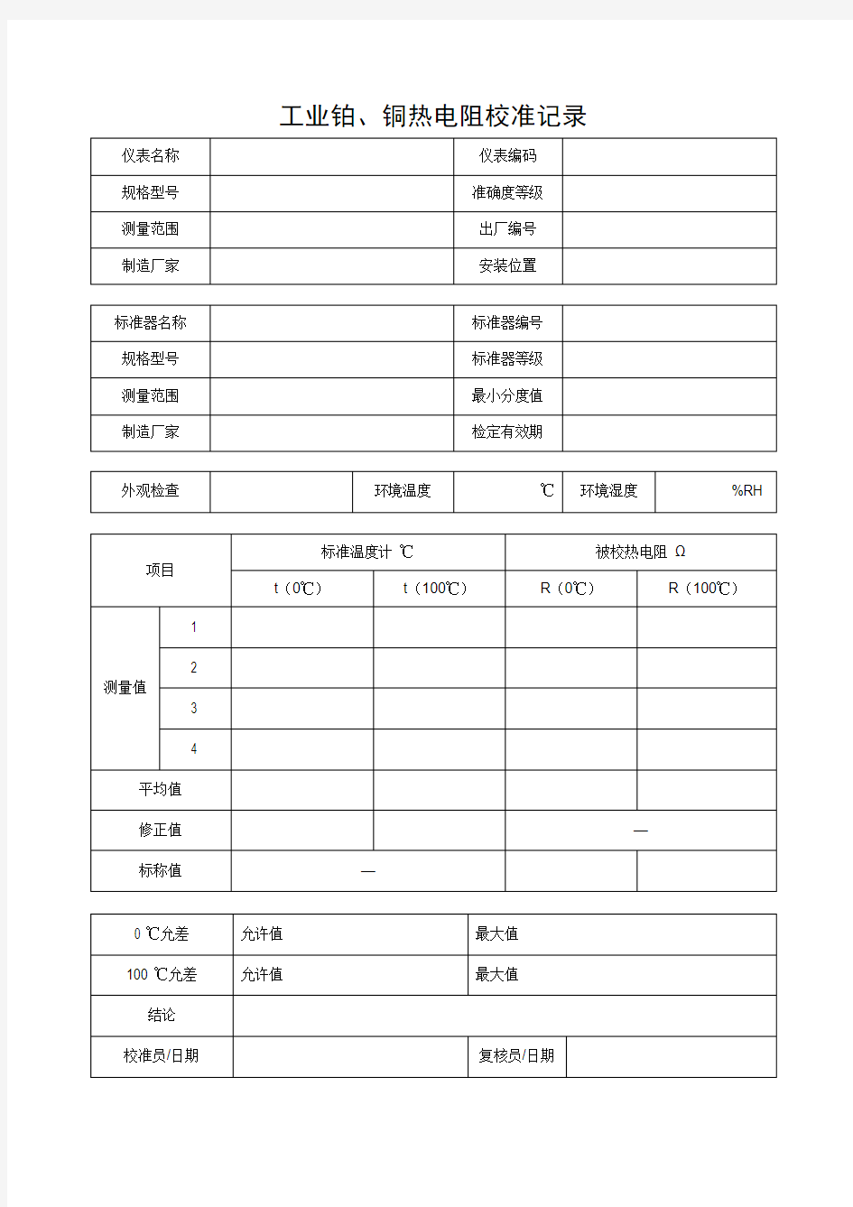 工业铂、铜热电阻校准记录