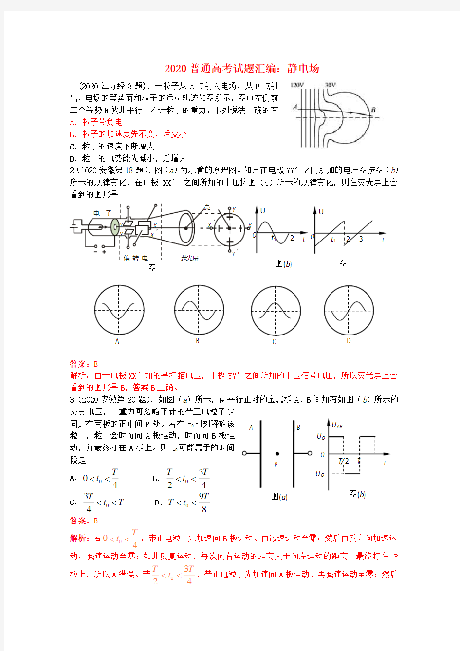 2020年高考物理试题分类汇编 静电场 精品