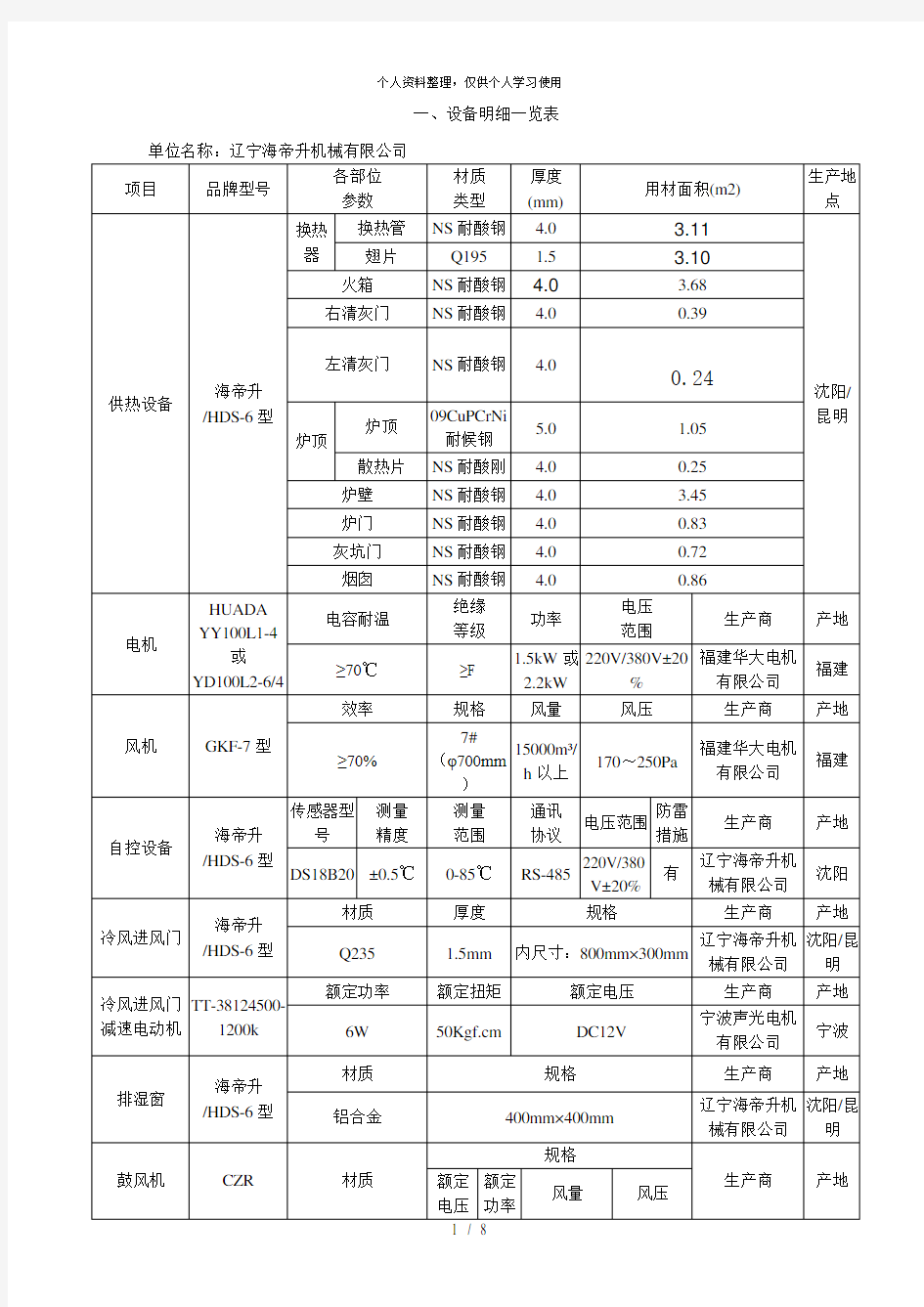 一、设备明细一览表