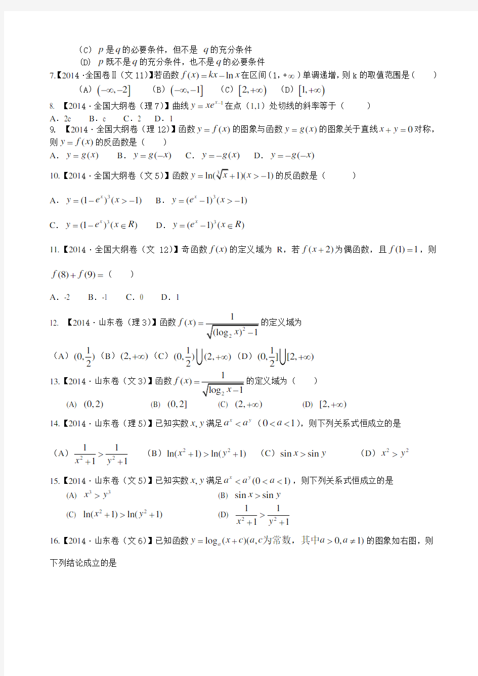 高考数学题分类汇编函数专题