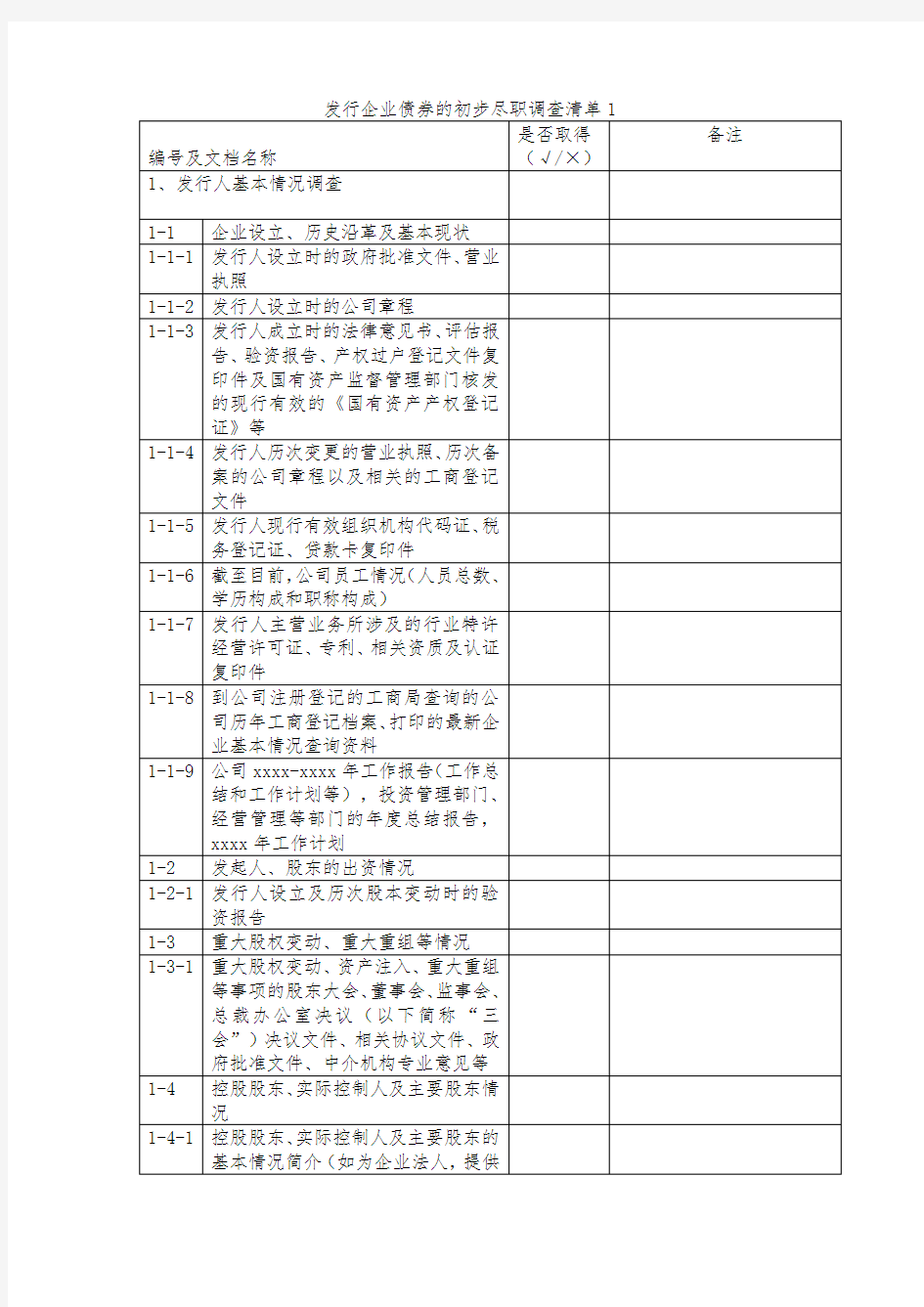 发行企业债券的初步尽职调查清单(表格版)