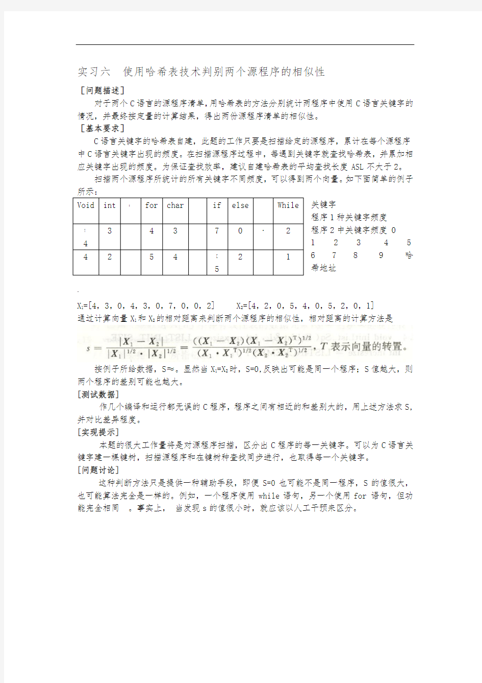 使用哈希表技术判别两个源程序的相似性