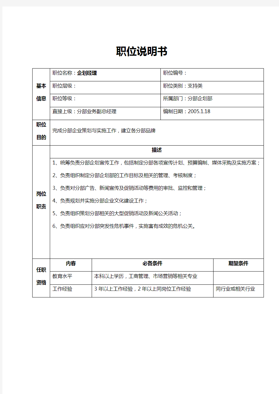 公司企划部职位说明书