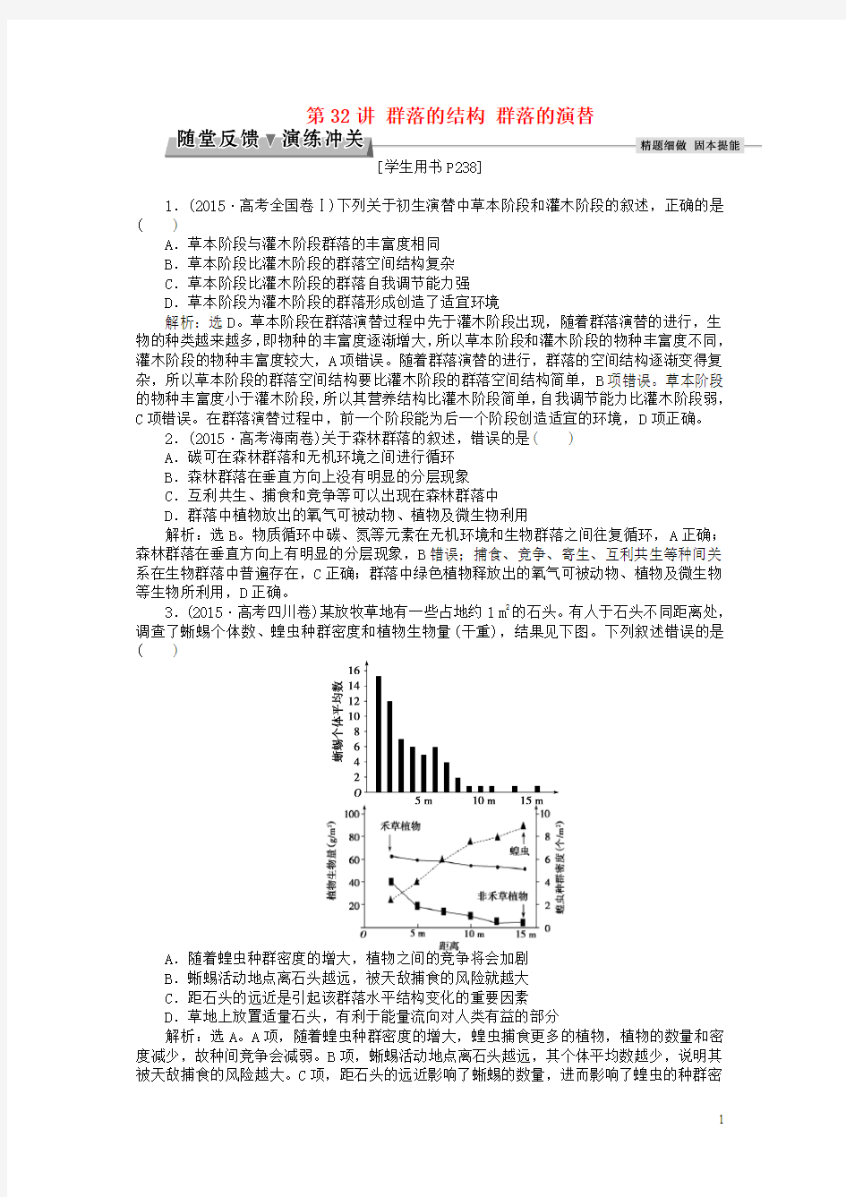 优化方案2017版高考生物大一轮复习第九单元生物与环境第32讲群落的结构群落的演替随堂反馈演练冲关