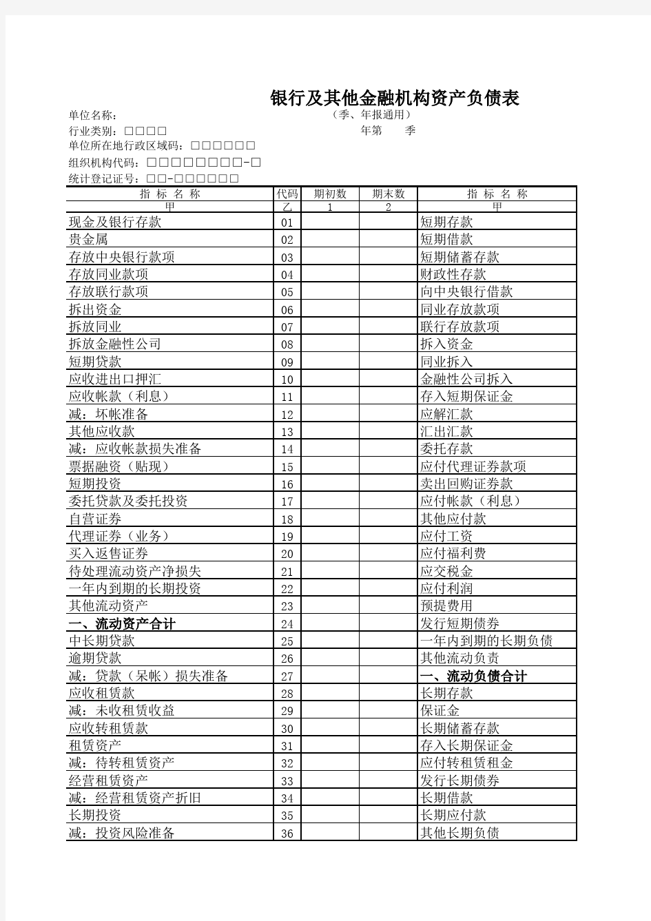 银行及其他金融机构资产负债表Excel 