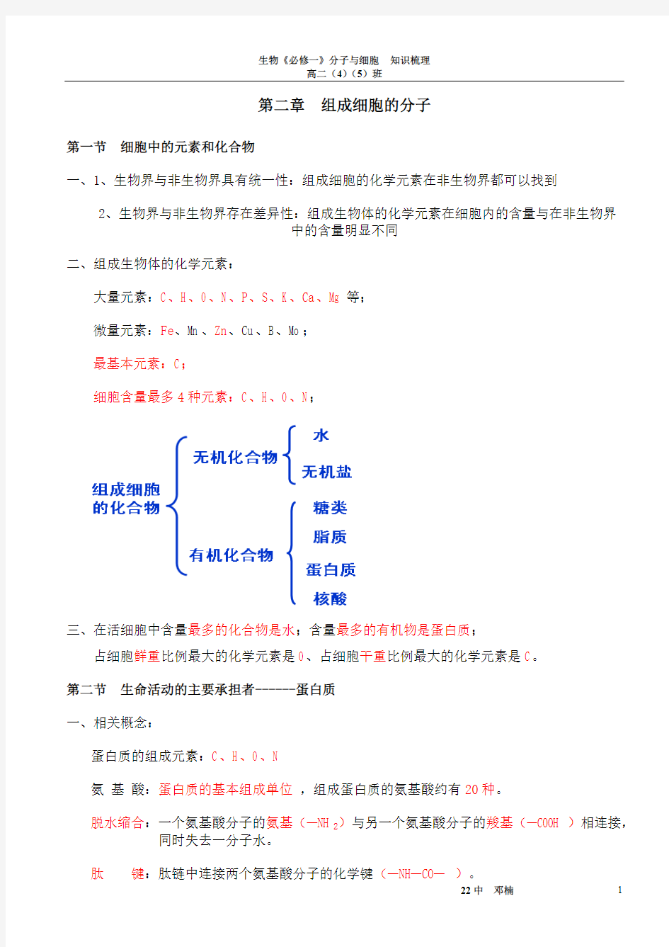 高中生物必修一第二章知识梳理