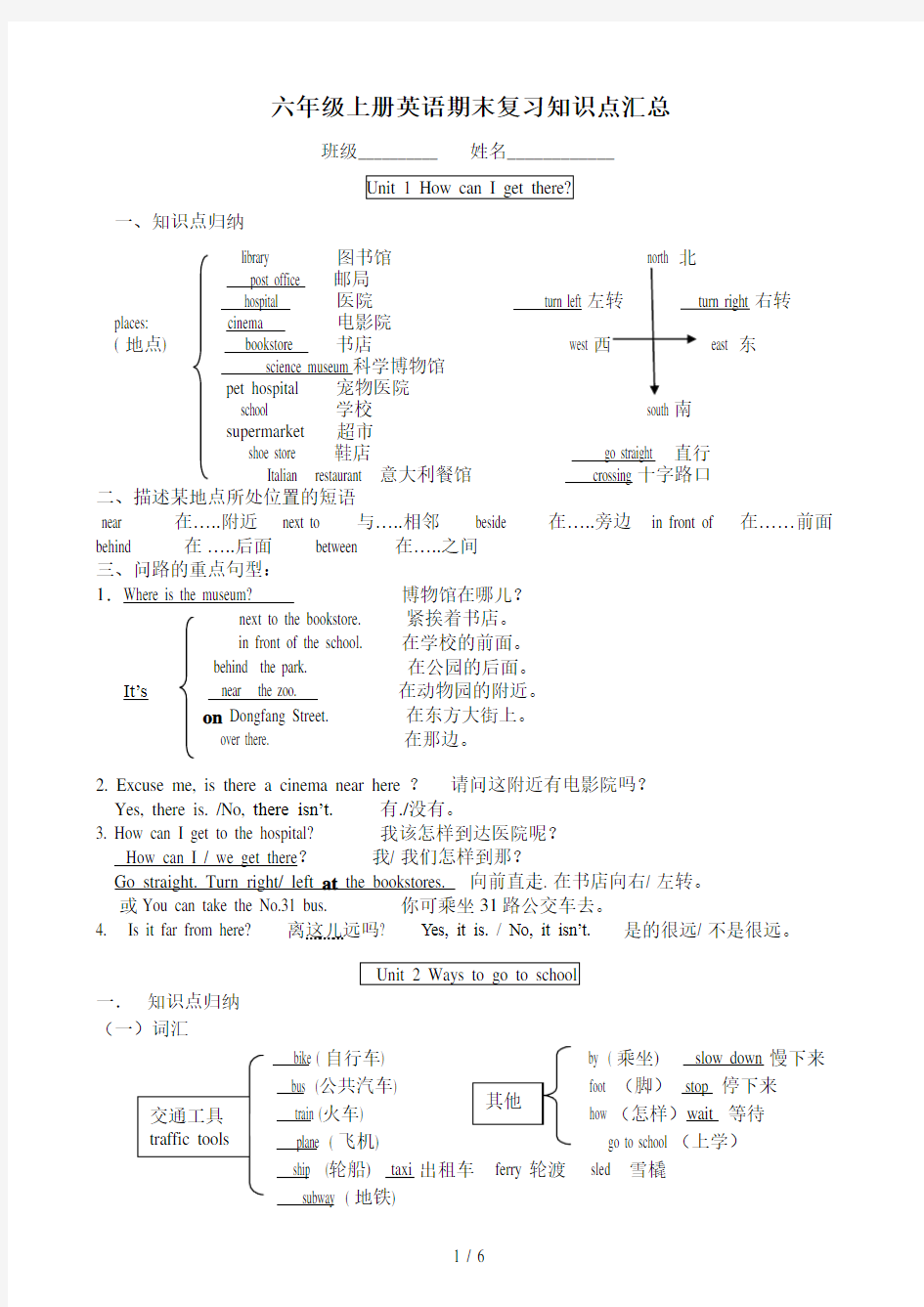 六年级上册英语期末复习知识点汇总