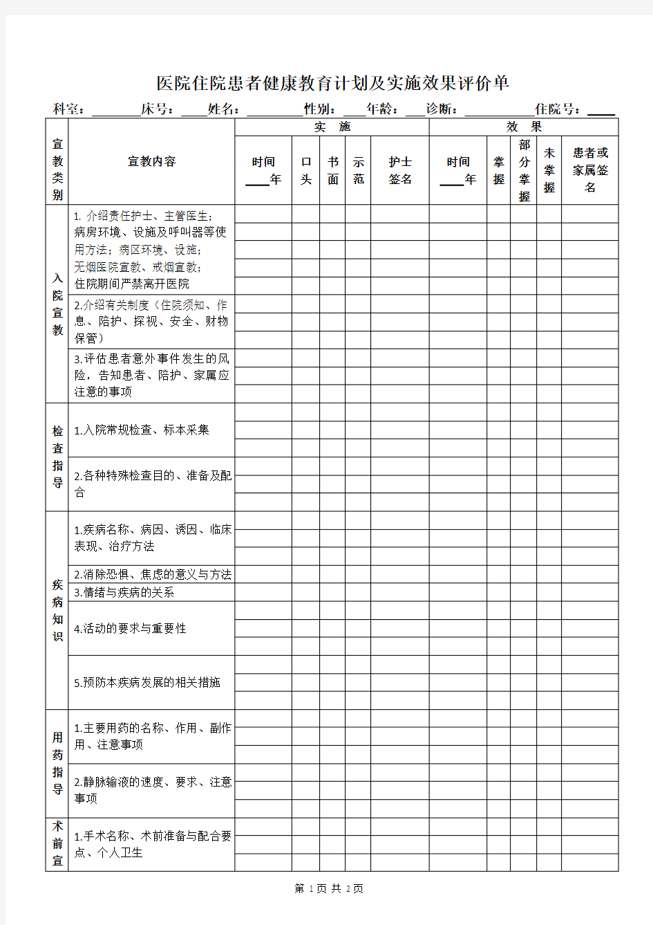 医院住院患者健康教育计划及实施效果评价单