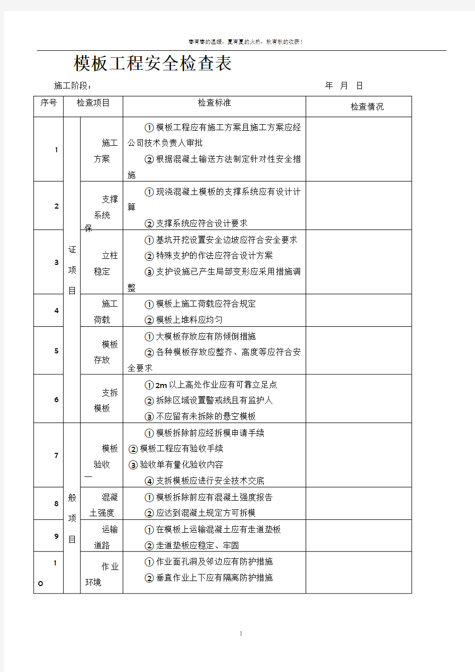 模板工程安全检查表