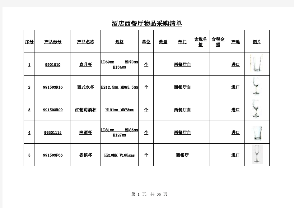 酒店西餐厅物品采购清单