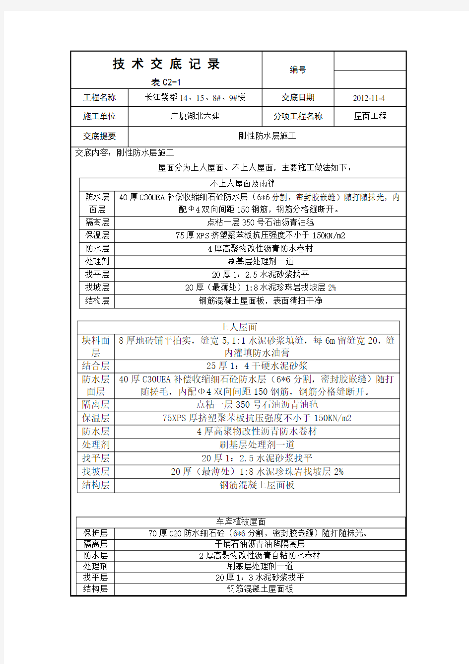 屋面刚性层施工技术交底记录