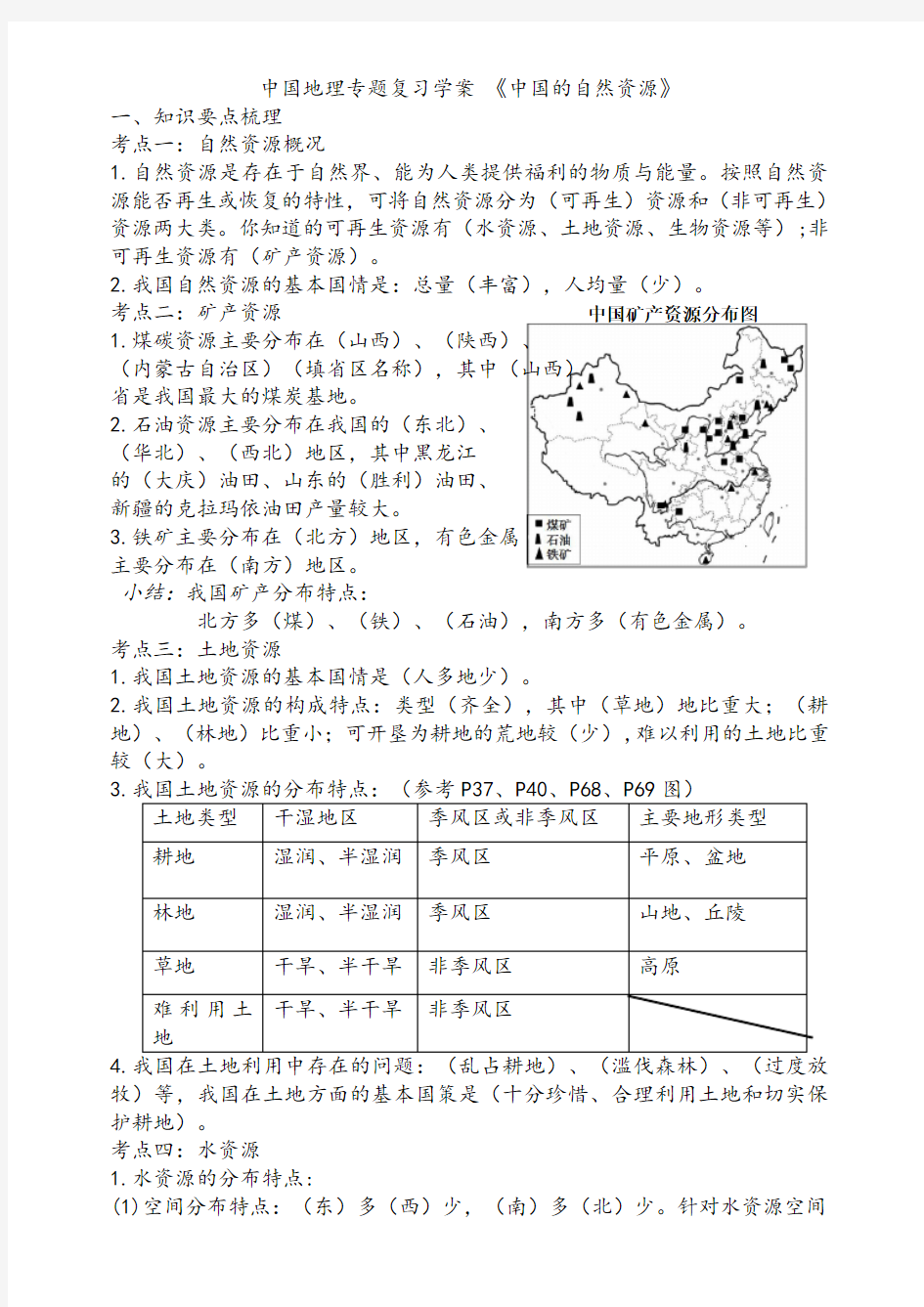 2021中国专题复习《中国的自然资源》附答案