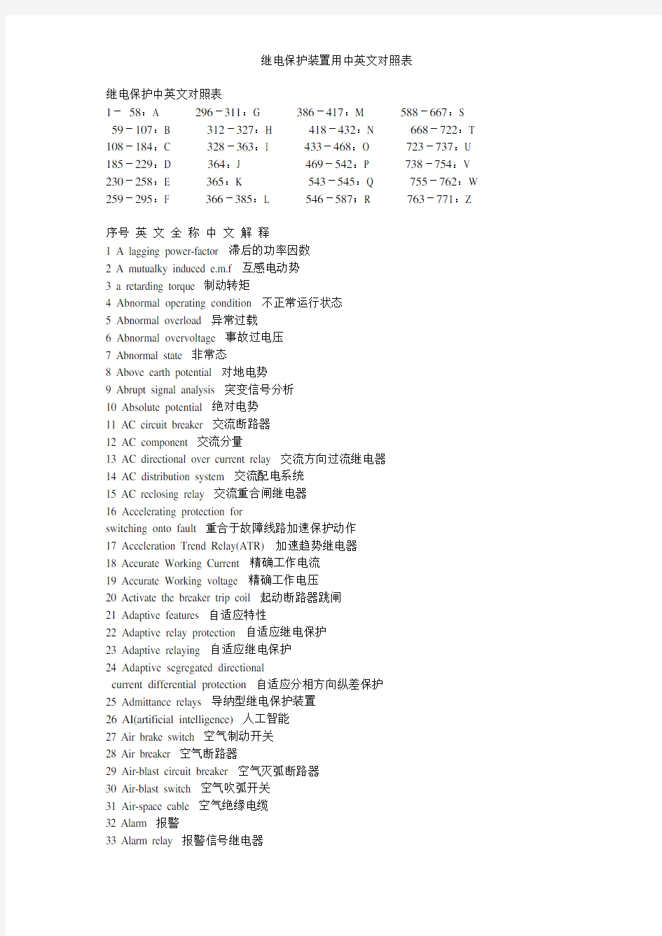 继电保护装置用中英文对照表