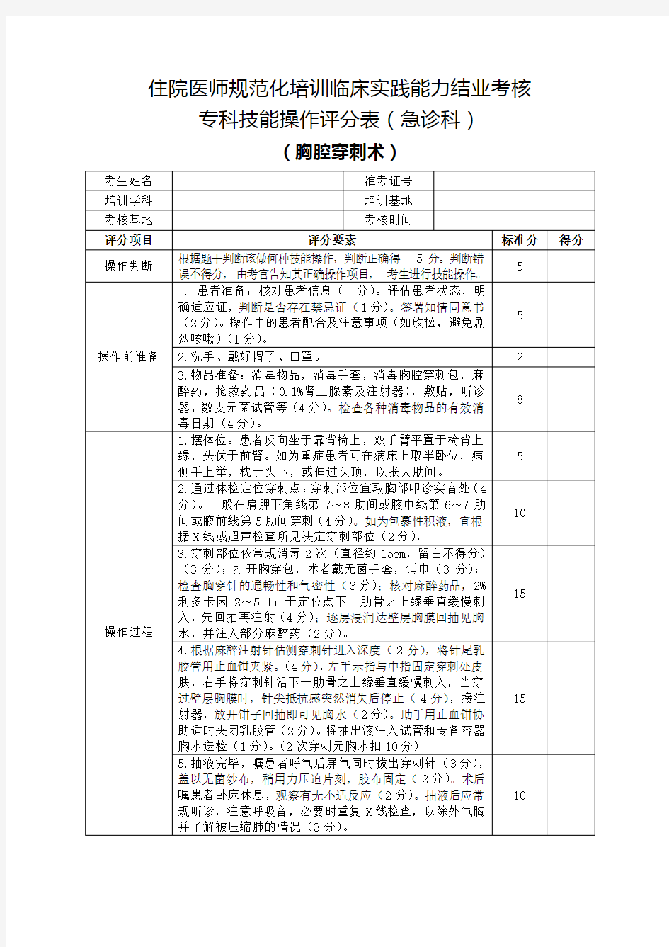 住院医师规范化培训临床实践能力结业考核专科技能操作评分表(急诊科)胸腔穿刺术