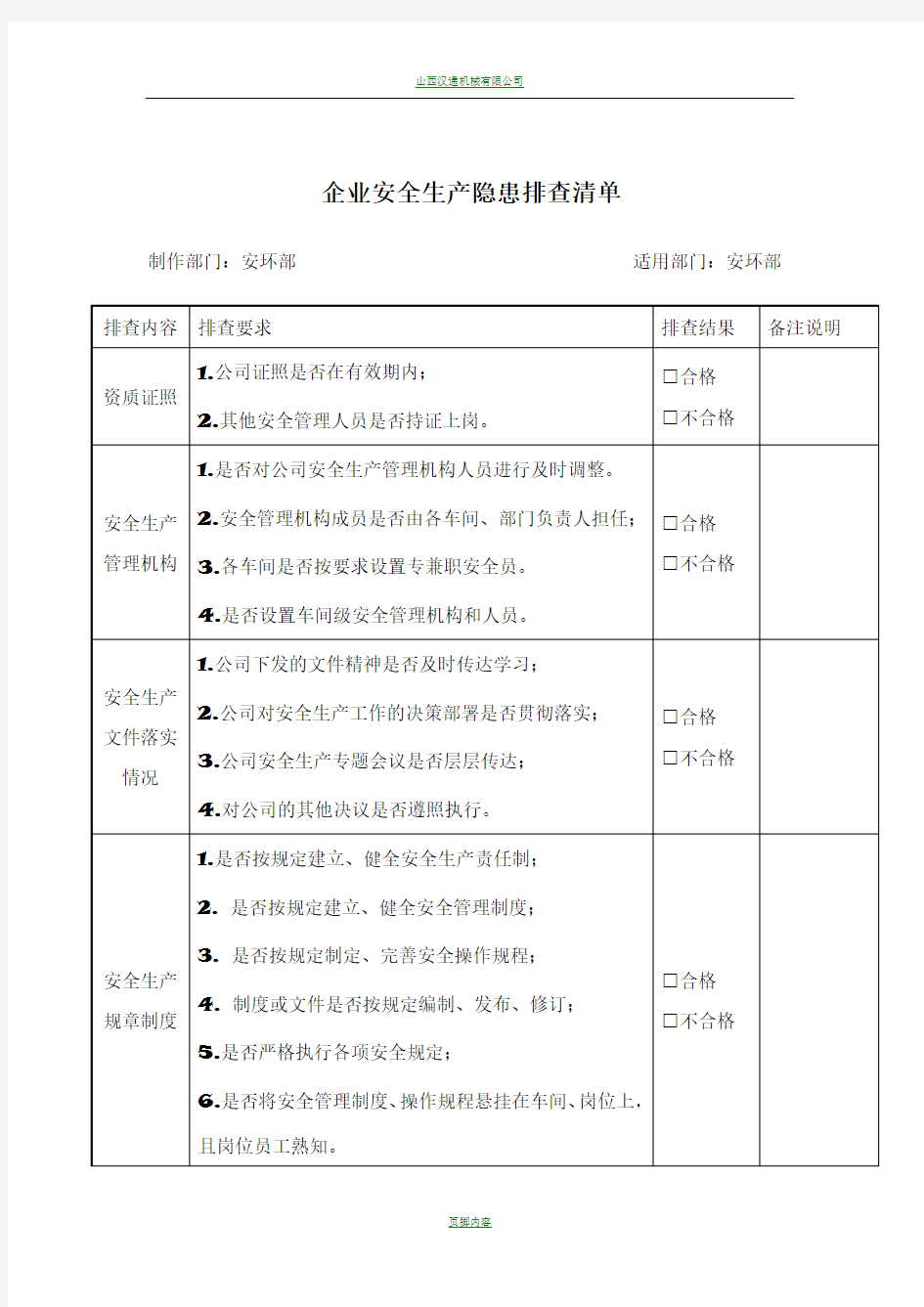 企业安全生产隐患排查清单