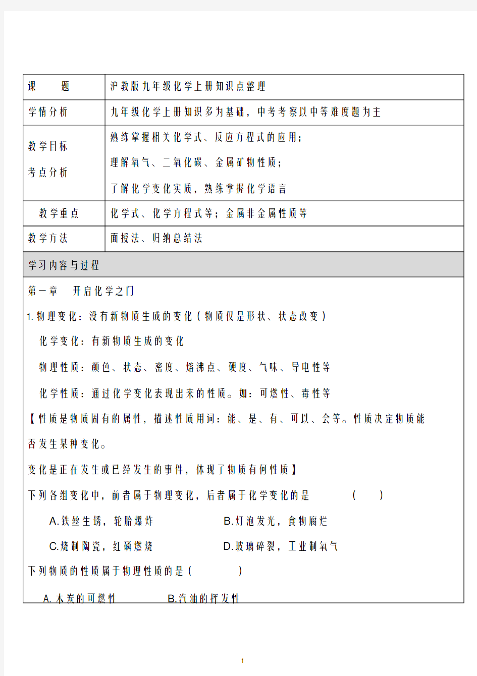 沪教版九年级化学上册知识点整理(1)