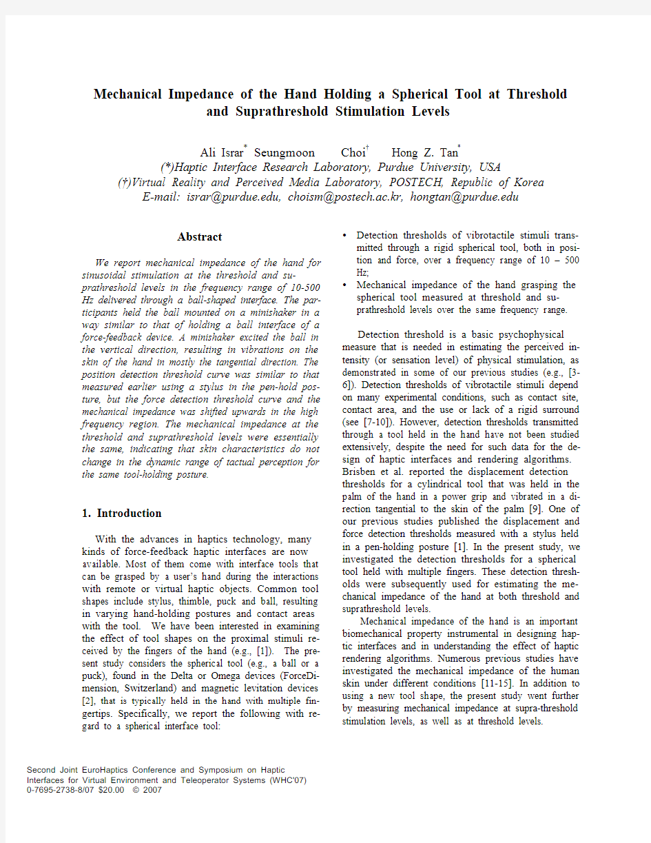 Mechanical Impedance of the Hand Holding a Spherical Tool at Threshold and Suprathreshold S