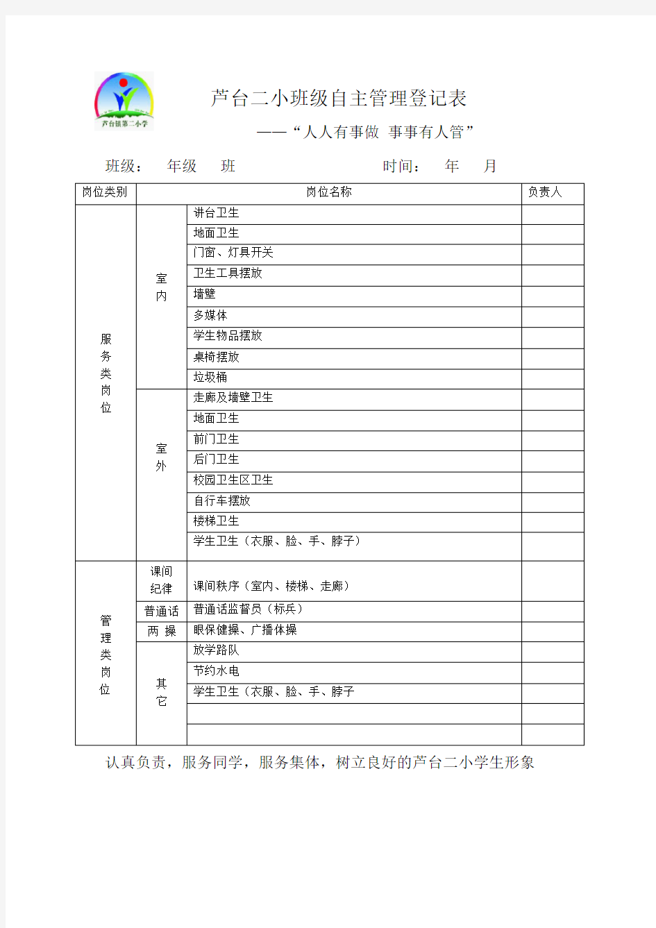 班级自主管理分工明细表