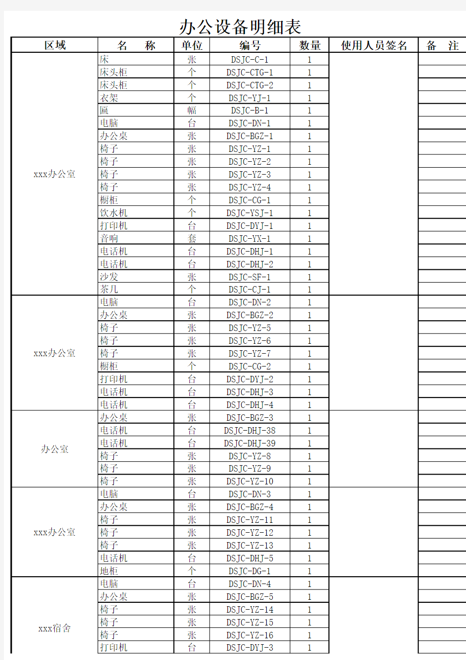 办公设备明细表