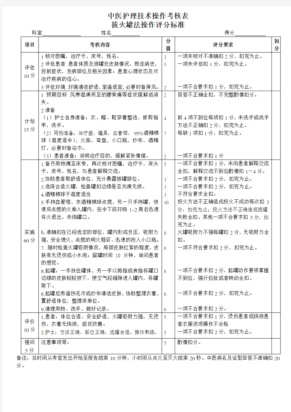 拔火罐考核内容及评分标准