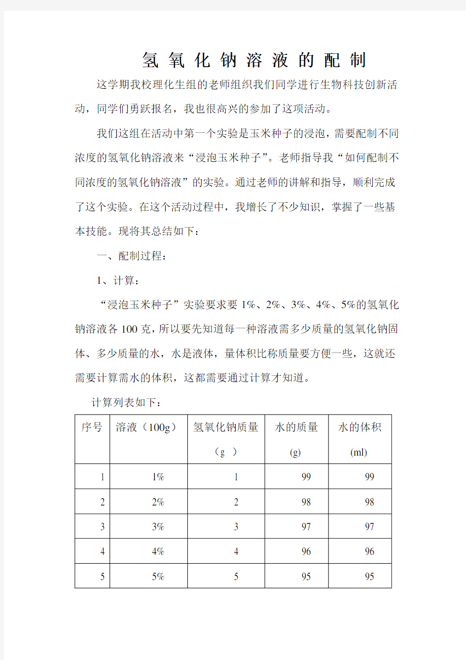 氢氧化钠溶液的配制