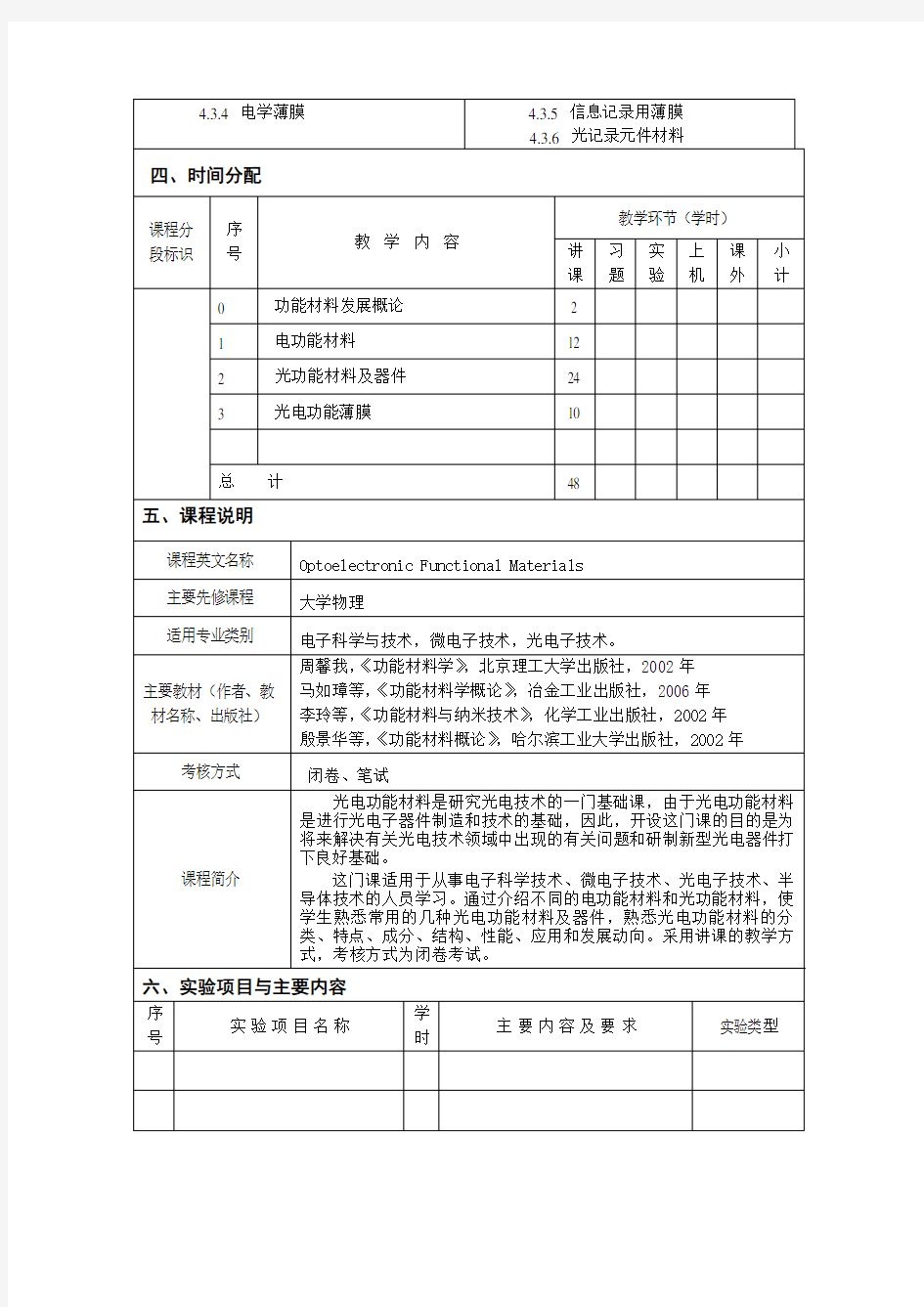 《光电功能材料》教学大纲