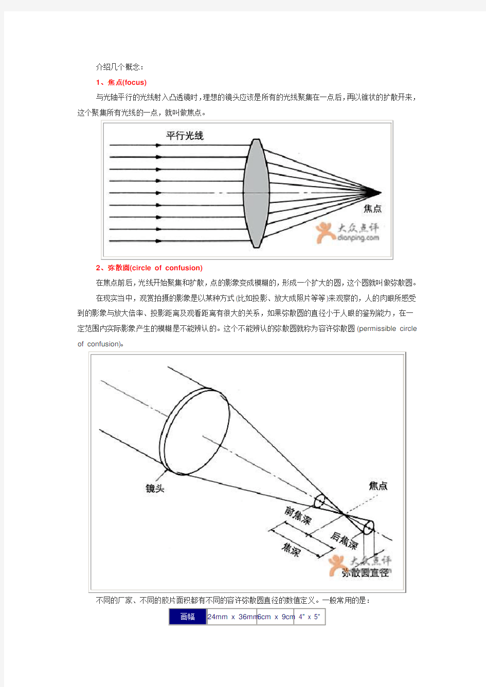 光学基础知识：焦点、弥散圆、景深：概念与计算