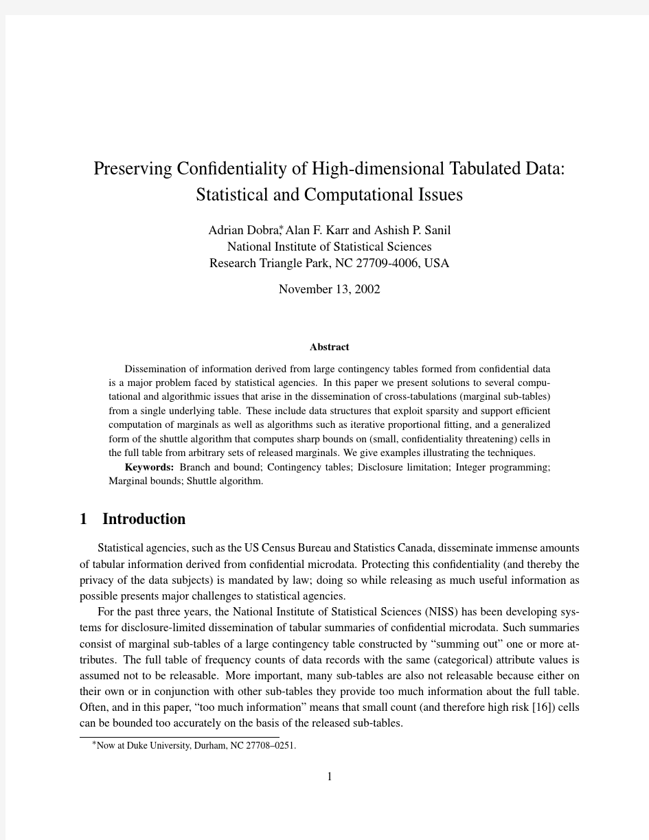 Preserving confidentiality of high-dimensional tabular data Statistical and computational i