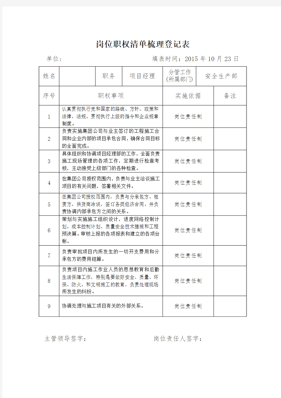 岗位职权清单梳理登记表