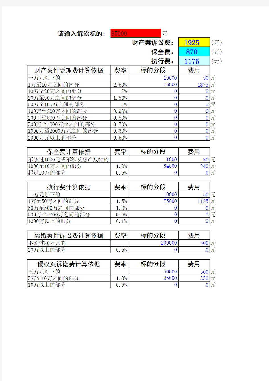 副本诉讼费计算表格(自动)