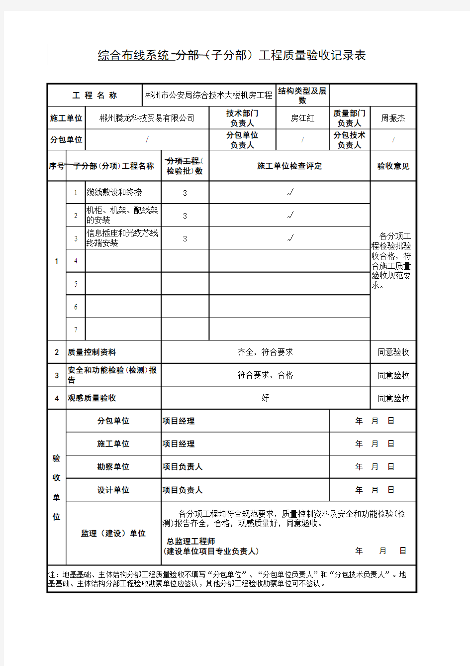 子分部工程质量验收记录表