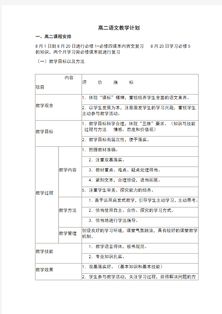 高二语文教学计划