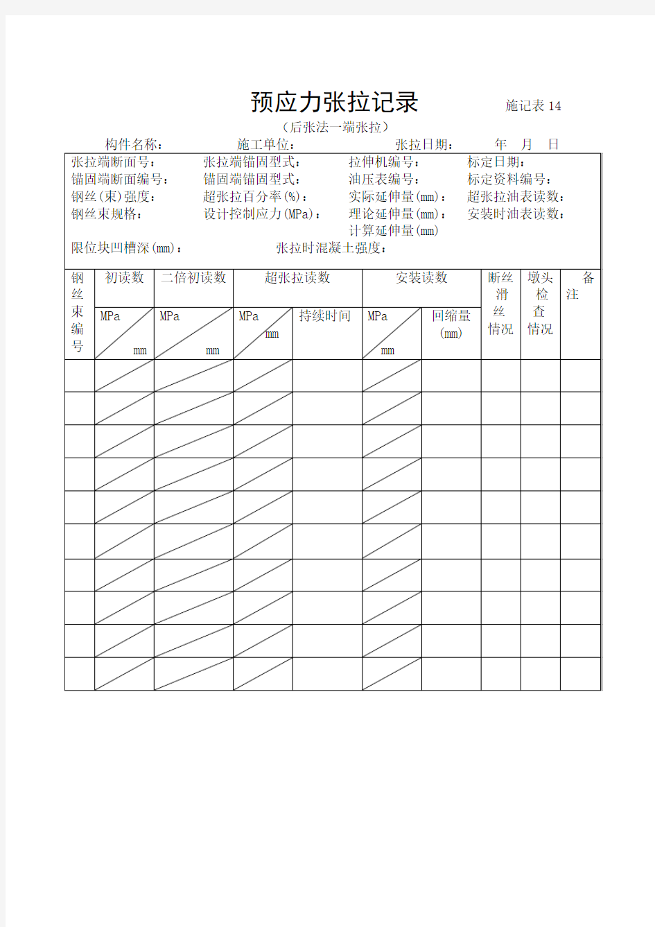 预应力张拉记录(后张法一段张拉)